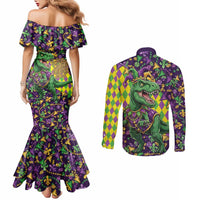 Funny Mardi Gras T-Rex Dinosaur Couples Matching Mermaid Dress and Long Sleeve Button Shirt Let The Good Times Roll - Wonder Print Shop