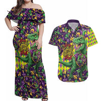 Funny Mardi Gras T-Rex Dinosaur Couples Matching Off Shoulder Maxi Dress and Hawaiian Shirt Let The Good Times Roll - Wonder Print Shop
