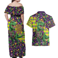 Funny Mardi Gras T-Rex Dinosaur Couples Matching Off Shoulder Maxi Dress and Hawaiian Shirt Let The Good Times Roll - Wonder Print Shop