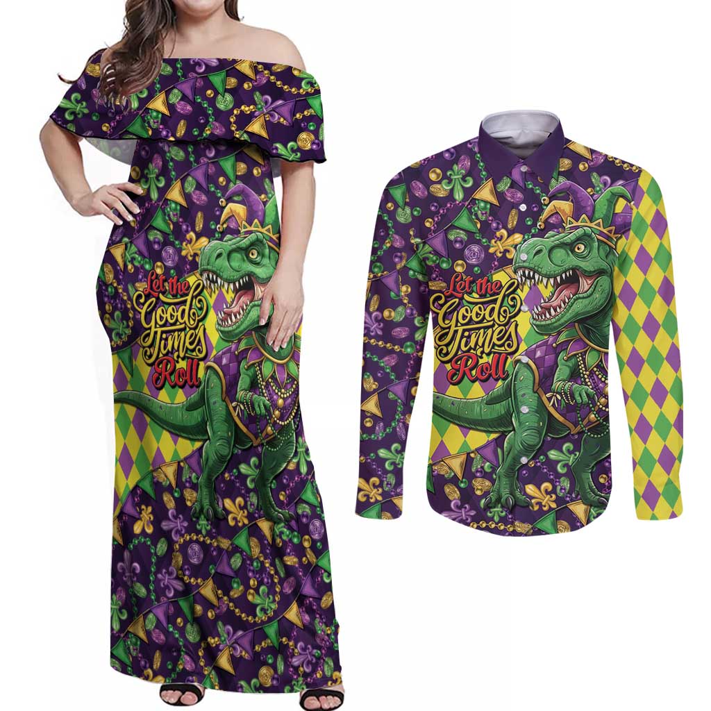 Funny Mardi Gras T-Rex Dinosaur Couples Matching Off Shoulder Maxi Dress and Long Sleeve Button Shirt Let The Good Times Roll - Wonder Print Shop