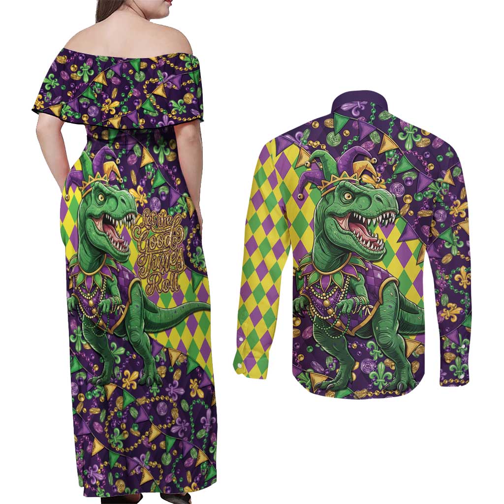 Funny Mardi Gras T-Rex Dinosaur Couples Matching Off Shoulder Maxi Dress and Long Sleeve Button Shirt Let The Good Times Roll - Wonder Print Shop