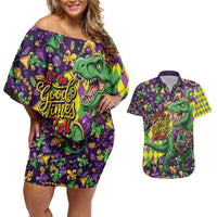 Funny Mardi Gras T-Rex Dinosaur Couples Matching Off Shoulder Short Dress and Hawaiian Shirt Let The Good Times Roll - Wonder Print Shop