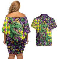 Funny Mardi Gras T-Rex Dinosaur Couples Matching Off Shoulder Short Dress and Hawaiian Shirt Let The Good Times Roll - Wonder Print Shop