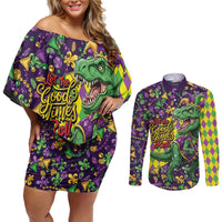 Funny Mardi Gras T-Rex Dinosaur Couples Matching Off Shoulder Short Dress and Long Sleeve Button Shirt Let The Good Times Roll - Wonder Print Shop