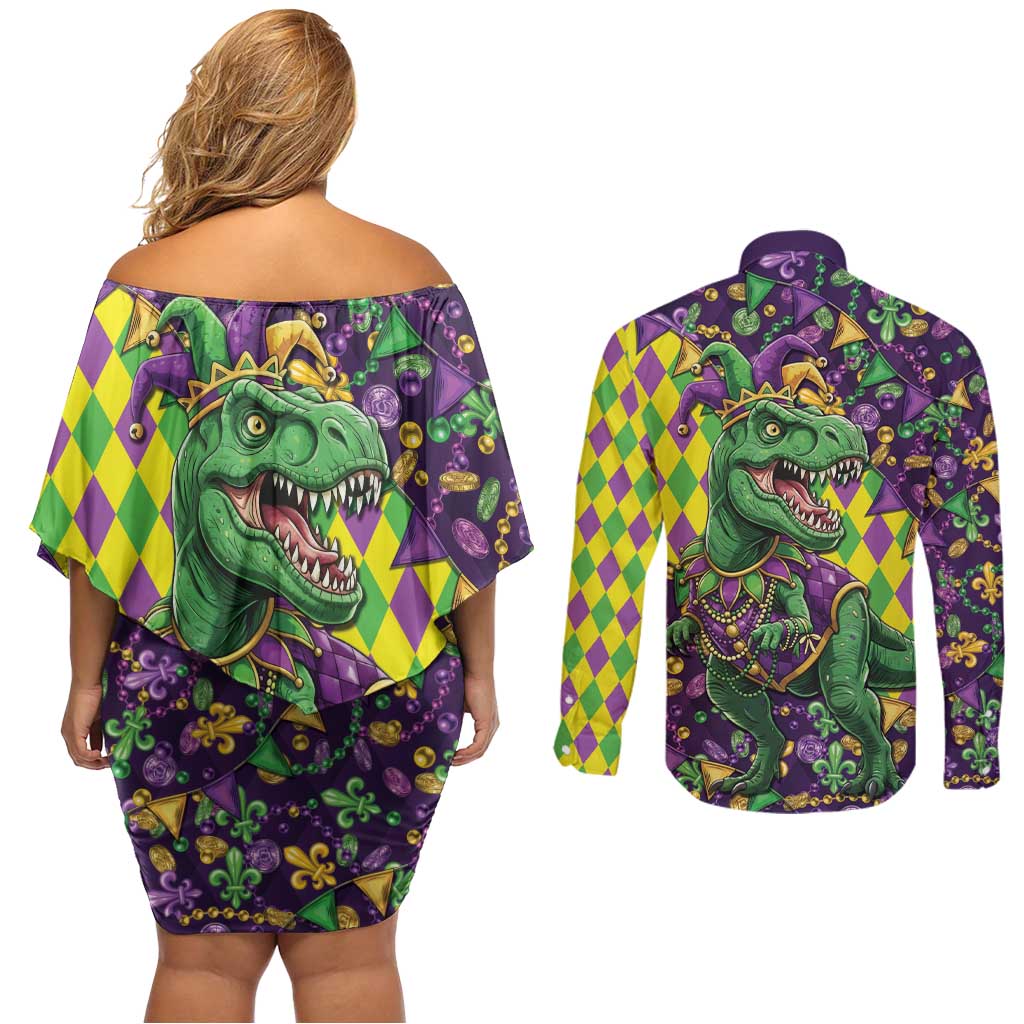 Funny Mardi Gras T-Rex Dinosaur Couples Matching Off Shoulder Short Dress and Long Sleeve Button Shirt Let The Good Times Roll - Wonder Print Shop
