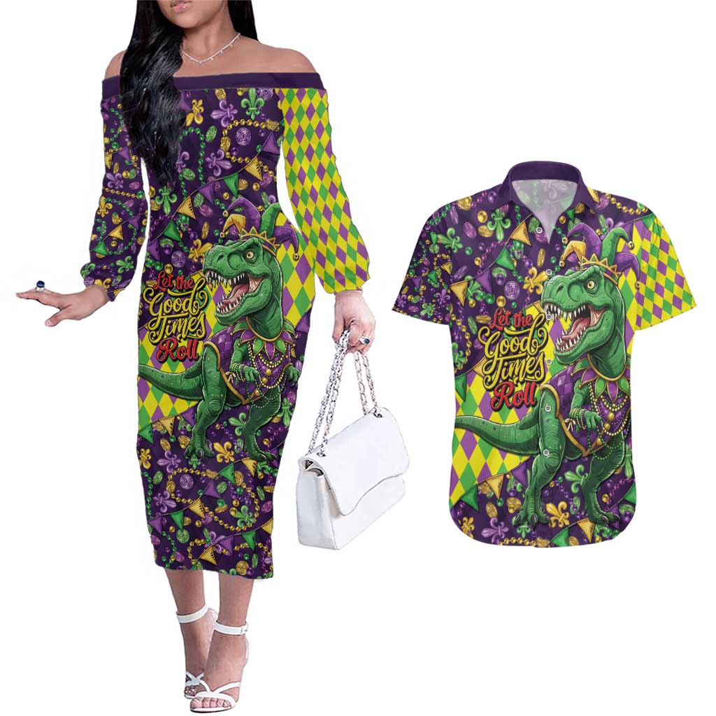 Funny Mardi Gras T-Rex Dinosaur Couples Matching Off The Shoulder Long Sleeve Dress and Hawaiian Shirt Let The Good Times Roll - Wonder Print Shop