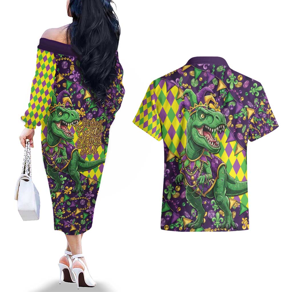Funny Mardi Gras T-Rex Dinosaur Couples Matching Off The Shoulder Long Sleeve Dress and Hawaiian Shirt Let The Good Times Roll - Wonder Print Shop