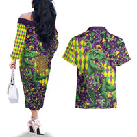Funny Mardi Gras T-Rex Dinosaur Couples Matching Off The Shoulder Long Sleeve Dress and Hawaiian Shirt Let The Good Times Roll - Wonder Print Shop
