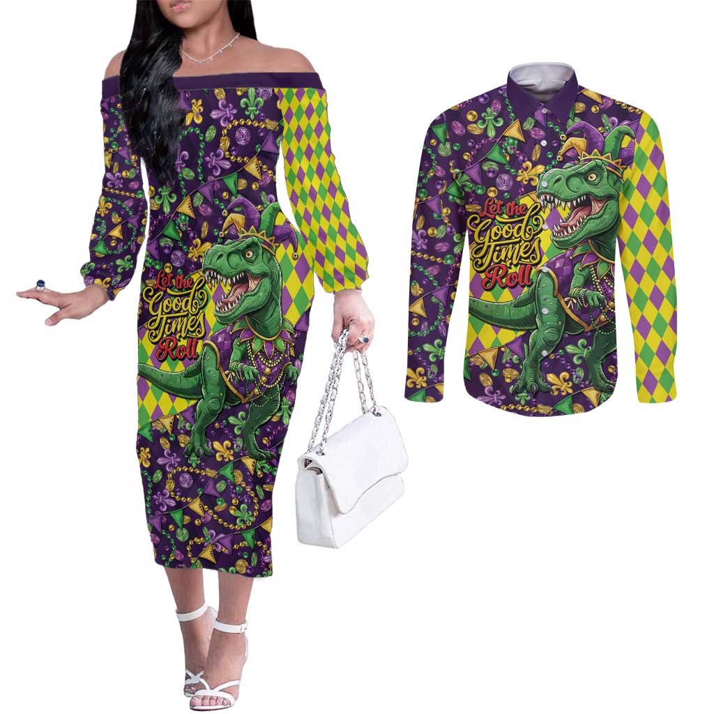 Funny Mardi Gras T-Rex Dinosaur Couples Matching Off The Shoulder Long Sleeve Dress and Long Sleeve Button Shirt Let The Good Times Roll - Wonder Print Shop