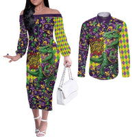Funny Mardi Gras T-Rex Dinosaur Couples Matching Off The Shoulder Long Sleeve Dress and Long Sleeve Button Shirt Let The Good Times Roll - Wonder Print Shop