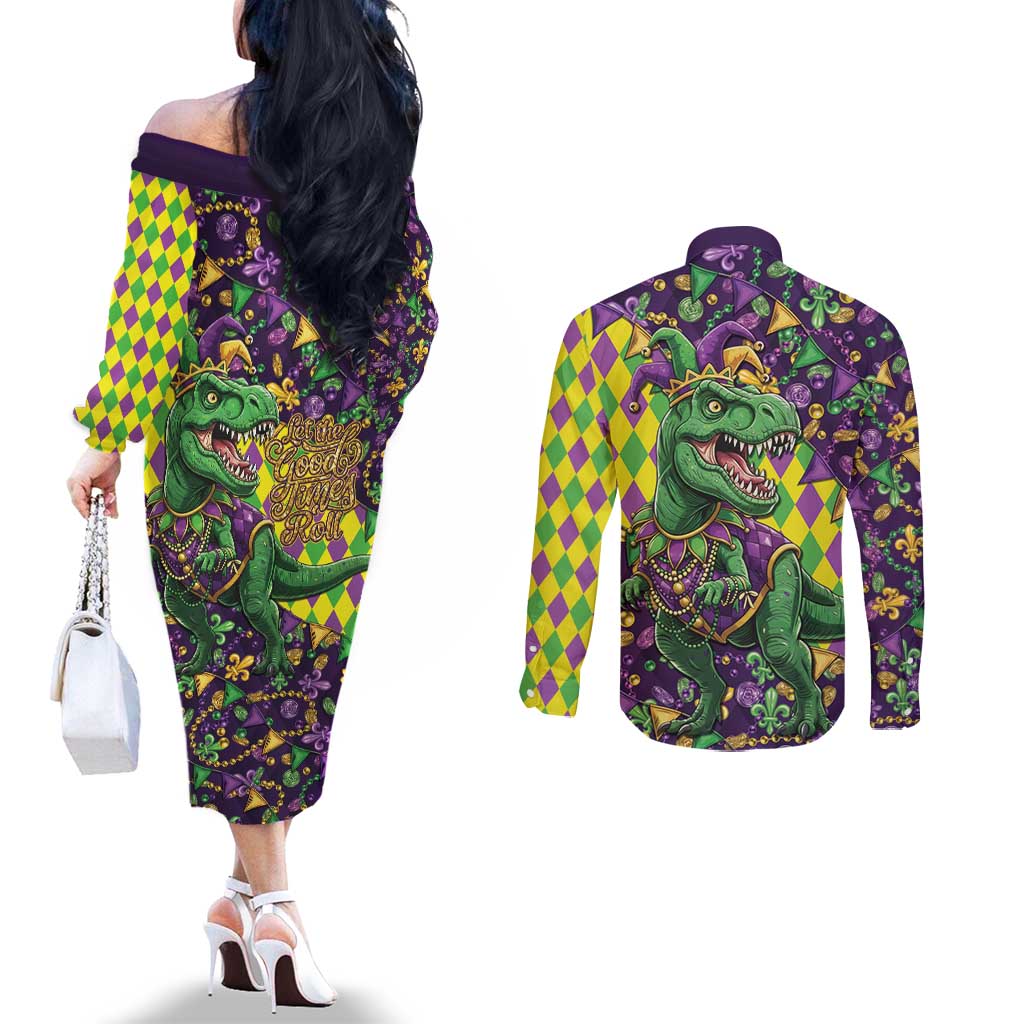 Funny Mardi Gras T-Rex Dinosaur Couples Matching Off The Shoulder Long Sleeve Dress and Long Sleeve Button Shirt Let The Good Times Roll - Wonder Print Shop