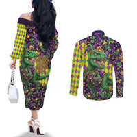 Funny Mardi Gras T-Rex Dinosaur Couples Matching Off The Shoulder Long Sleeve Dress and Long Sleeve Button Shirt Let The Good Times Roll - Wonder Print Shop