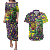 Funny Mardi Gras T-Rex Dinosaur Couples Matching Puletasi and Hawaiian Shirt Let The Good Times Roll - Wonder Print Shop