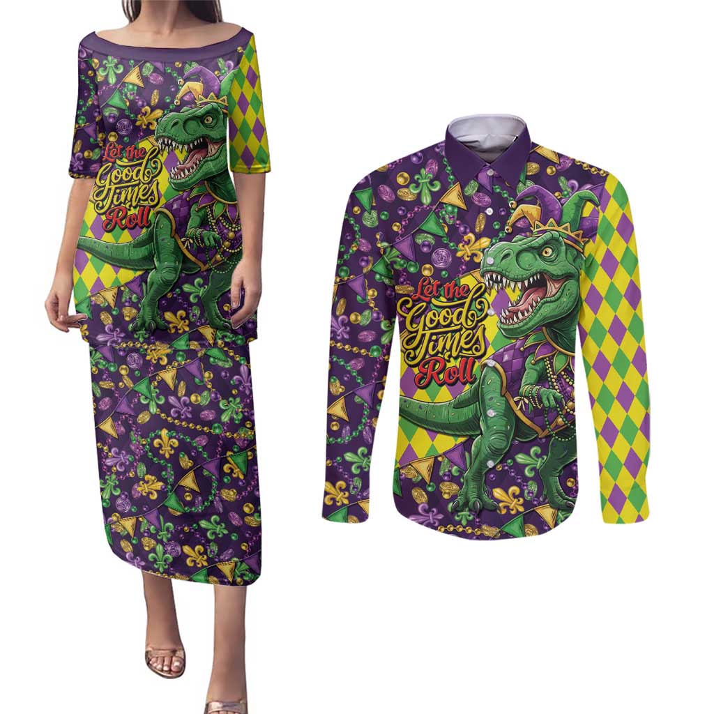 Funny Mardi Gras T-Rex Dinosaur Couples Matching Puletasi and Long Sleeve Button Shirt Let The Good Times Roll - Wonder Print Shop