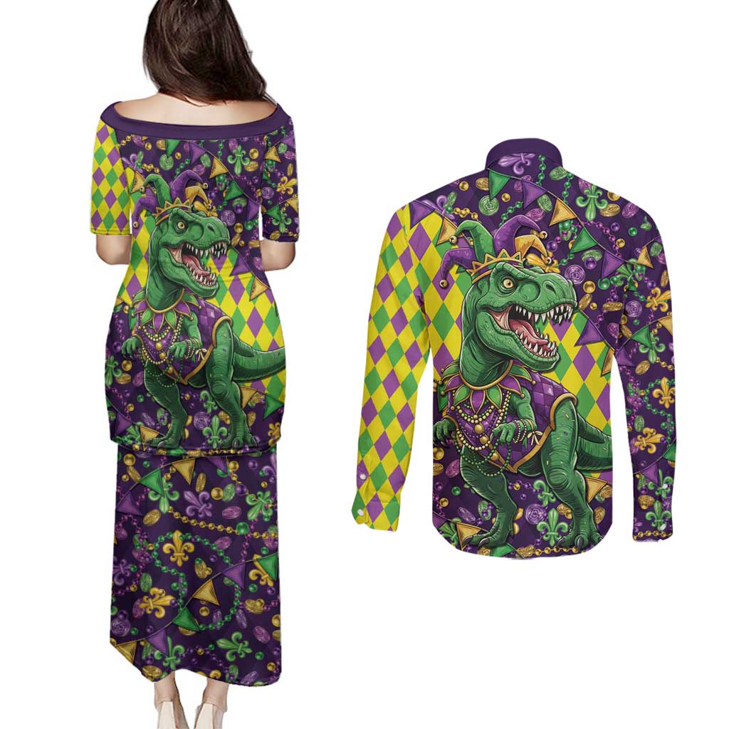 Funny Mardi Gras T-Rex Dinosaur Couples Matching Puletasi and Long Sleeve Button Shirt Let The Good Times Roll - Wonder Print Shop