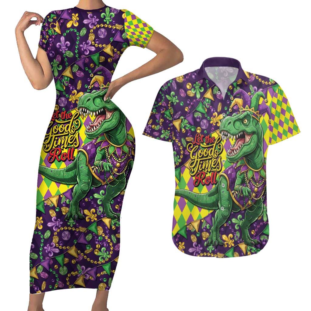 Funny Mardi Gras T-Rex Dinosaur Couples Matching Short Sleeve Bodycon Dress and Hawaiian Shirt Let The Good Times Roll - Wonder Print Shop