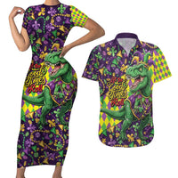 Funny Mardi Gras T-Rex Dinosaur Couples Matching Short Sleeve Bodycon Dress and Hawaiian Shirt Let The Good Times Roll - Wonder Print Shop