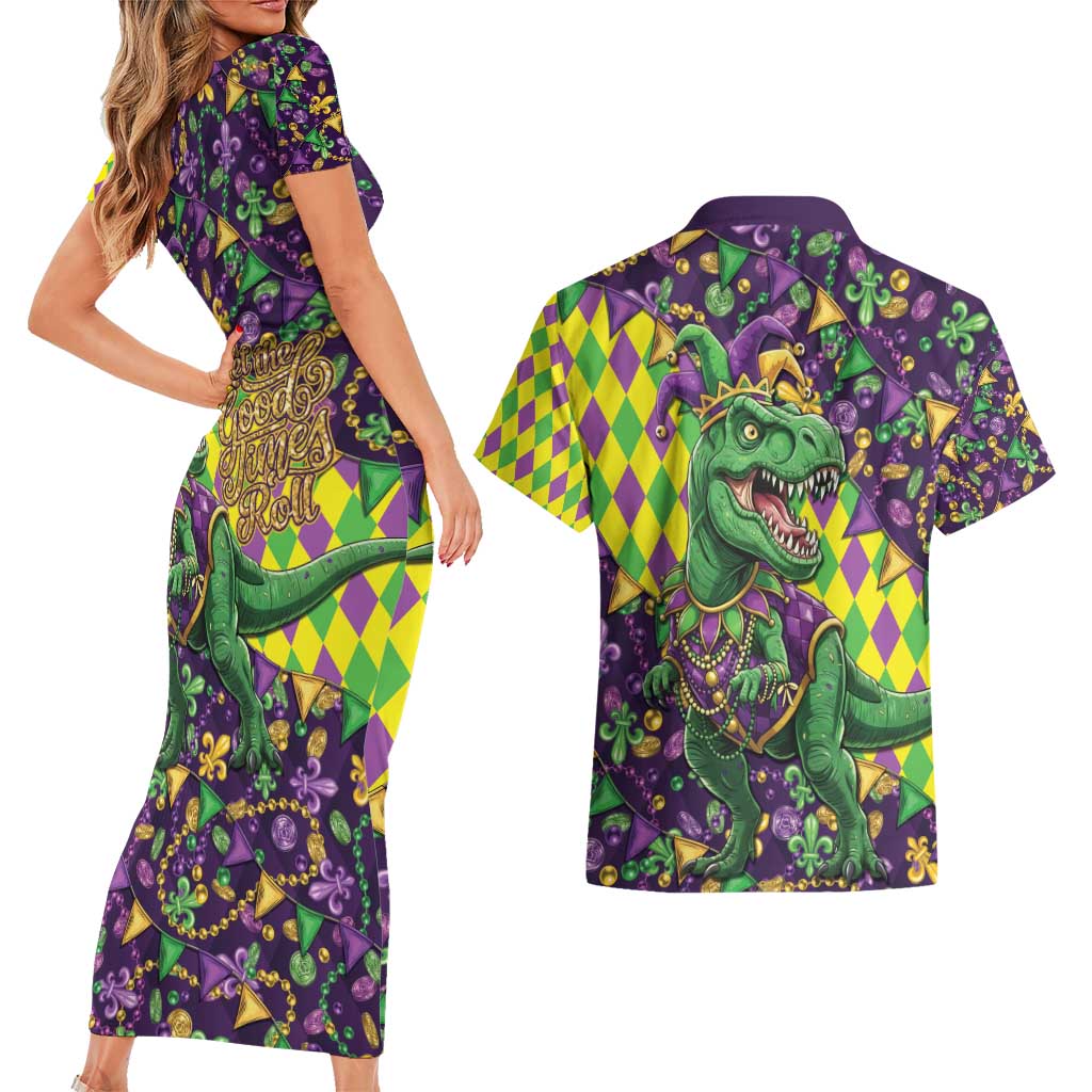 Funny Mardi Gras T-Rex Dinosaur Couples Matching Short Sleeve Bodycon Dress and Hawaiian Shirt Let The Good Times Roll - Wonder Print Shop