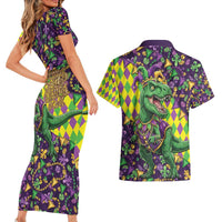 Funny Mardi Gras T-Rex Dinosaur Couples Matching Short Sleeve Bodycon Dress and Hawaiian Shirt Let The Good Times Roll - Wonder Print Shop