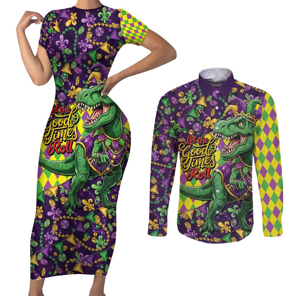 Funny Mardi Gras T-Rex Dinosaur Couples Matching Short Sleeve Bodycon Dress and Long Sleeve Button Shirt Let The Good Times Roll - Wonder Print Shop