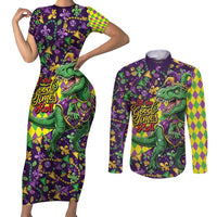 Funny Mardi Gras T-Rex Dinosaur Couples Matching Short Sleeve Bodycon Dress and Long Sleeve Button Shirt Let The Good Times Roll - Wonder Print Shop