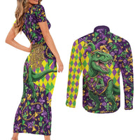 Funny Mardi Gras T-Rex Dinosaur Couples Matching Short Sleeve Bodycon Dress and Long Sleeve Button Shirt Let The Good Times Roll - Wonder Print Shop