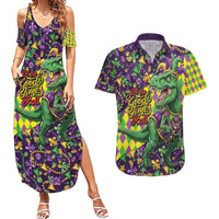 Funny Mardi Gras T-Rex Dinosaur Couples Matching Summer Maxi Dress and Hawaiian Shirt Let The Good Times Roll - Wonder Print Shop