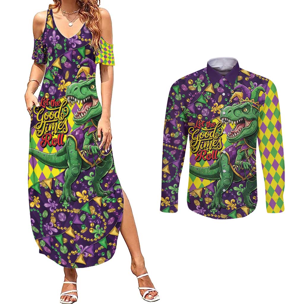 Funny Mardi Gras T-Rex Dinosaur Couples Matching Summer Maxi Dress and Long Sleeve Button Shirt Let The Good Times Roll - Wonder Print Shop