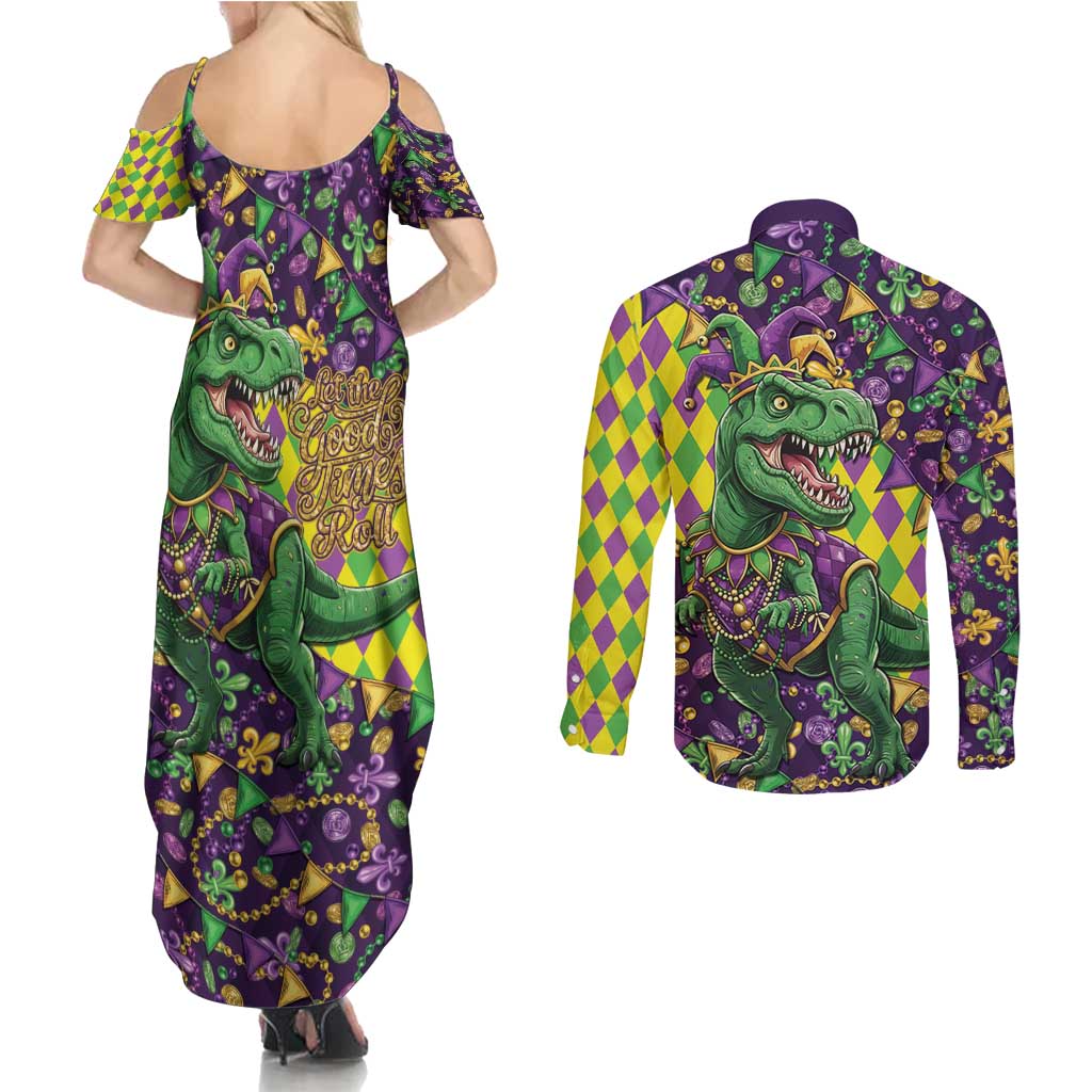Funny Mardi Gras T-Rex Dinosaur Couples Matching Summer Maxi Dress and Long Sleeve Button Shirt Let The Good Times Roll - Wonder Print Shop