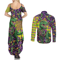 Funny Mardi Gras T-Rex Dinosaur Couples Matching Summer Maxi Dress and Long Sleeve Button Shirt Let The Good Times Roll - Wonder Print Shop