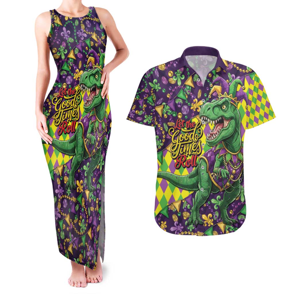 Funny Mardi Gras T-Rex Dinosaur Couples Matching Tank Maxi Dress and Hawaiian Shirt Let The Good Times Roll - Wonder Print Shop