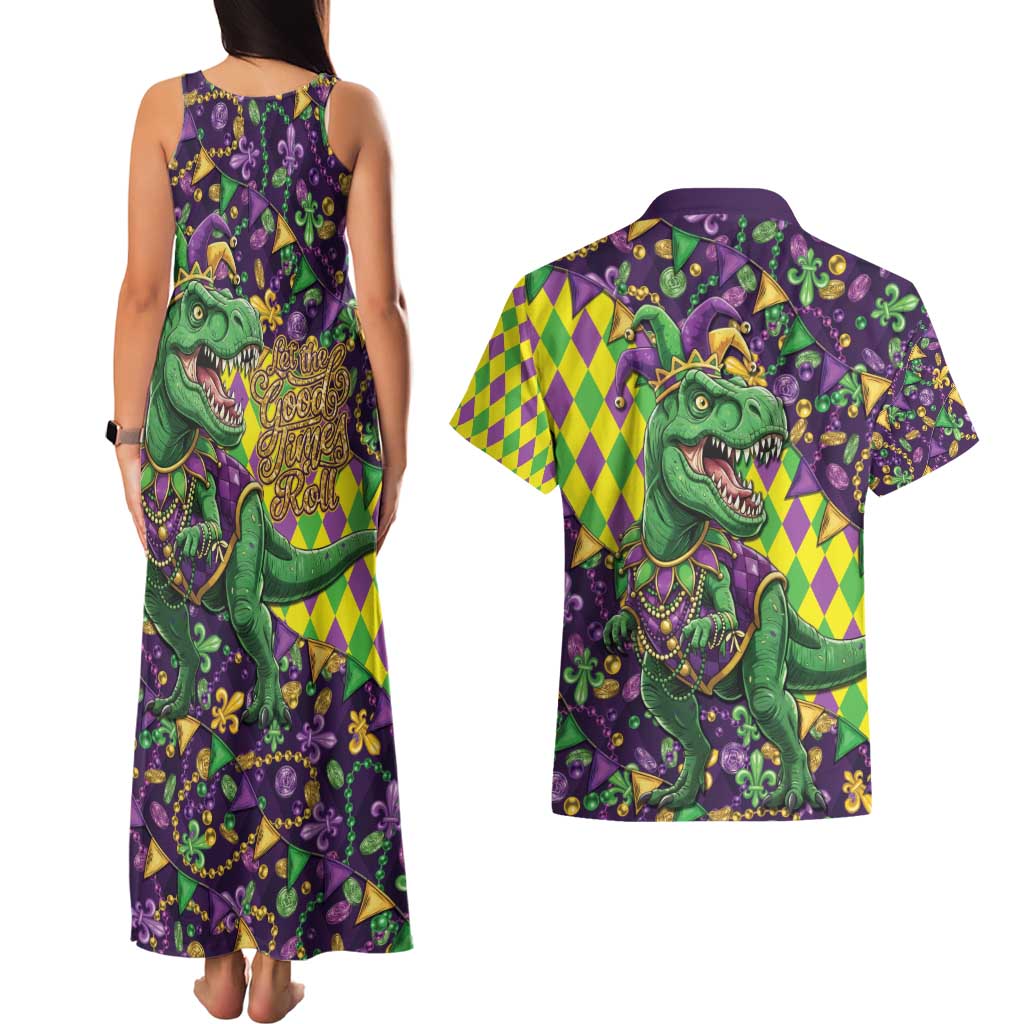 Funny Mardi Gras T-Rex Dinosaur Couples Matching Tank Maxi Dress and Hawaiian Shirt Let The Good Times Roll - Wonder Print Shop