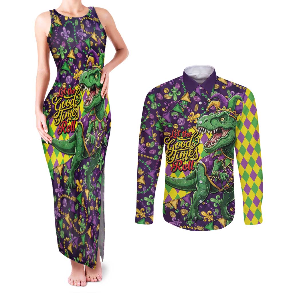 Funny Mardi Gras T-Rex Dinosaur Couples Matching Tank Maxi Dress and Long Sleeve Button Shirt Let The Good Times Roll - Wonder Print Shop