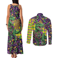 Funny Mardi Gras T-Rex Dinosaur Couples Matching Tank Maxi Dress and Long Sleeve Button Shirt Let The Good Times Roll - Wonder Print Shop