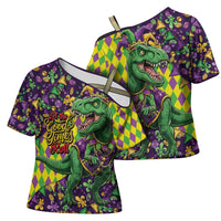 Funny Mardi Gras T-Rex Dinosaur Cross Shoulder Shirt Let The Good Times Roll - Wonder Print Shop