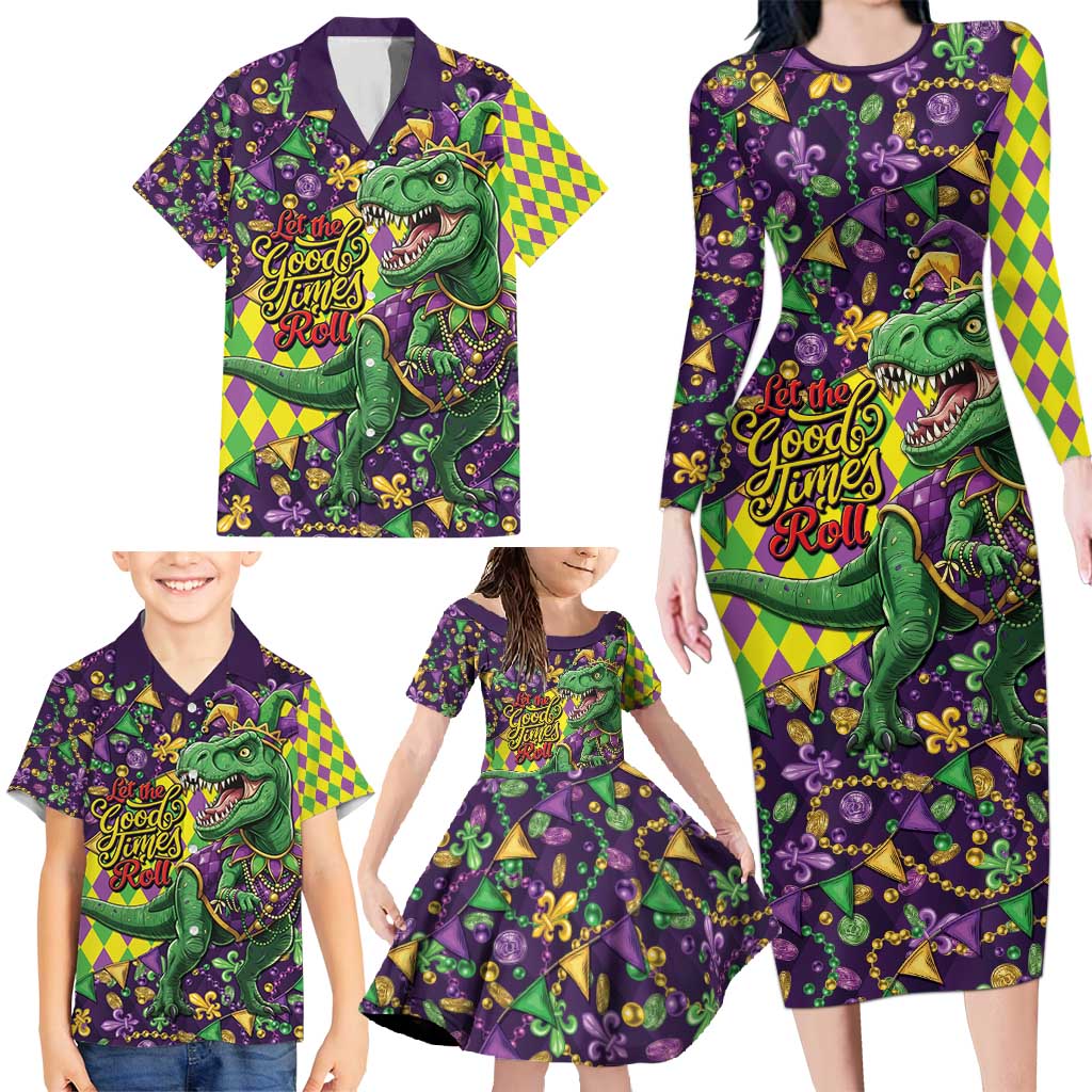 Funny Mardi Gras T-Rex Dinosaur Family Matching Long Sleeve Bodycon Dress and Hawaiian Shirt Let The Good Times Roll - Wonder Print Shop