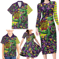 Funny Mardi Gras T-Rex Dinosaur Family Matching Long Sleeve Bodycon Dress and Hawaiian Shirt Let The Good Times Roll - Wonder Print Shop