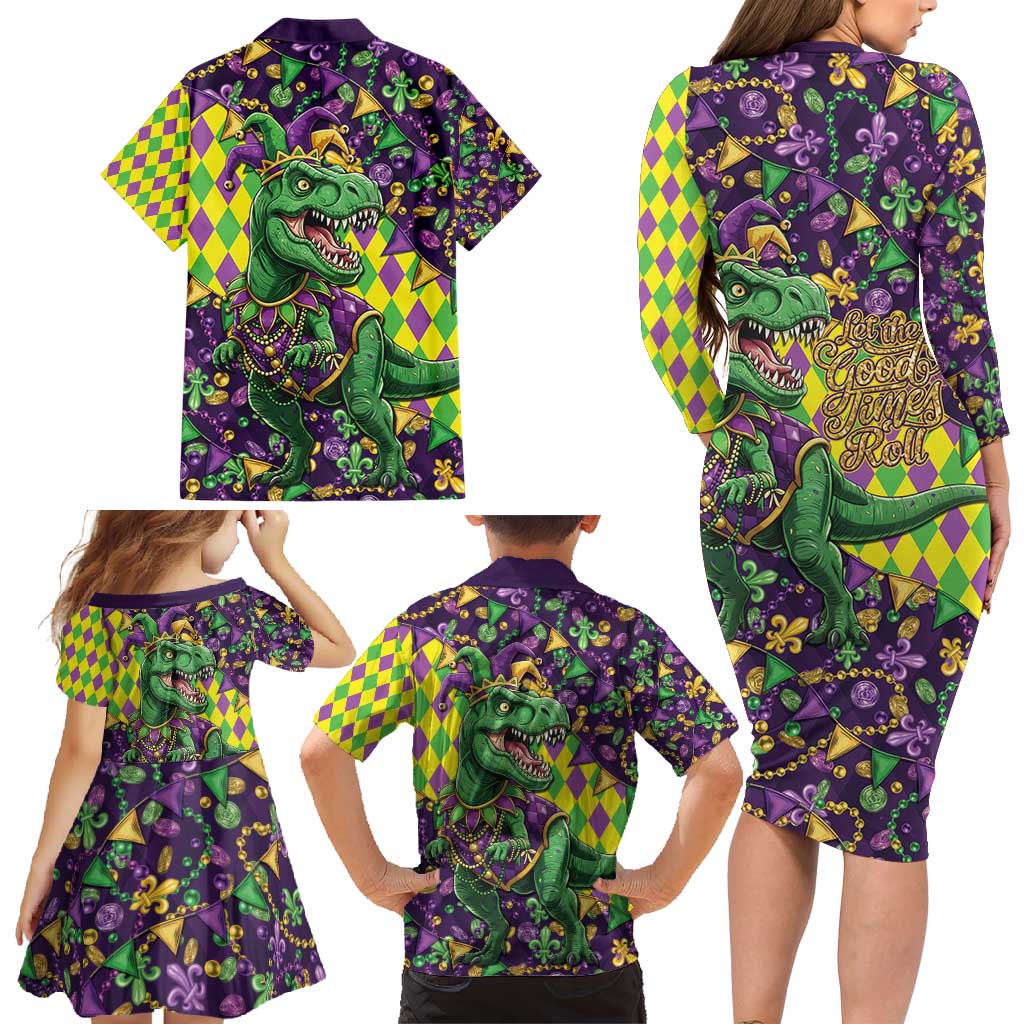 Funny Mardi Gras T-Rex Dinosaur Family Matching Long Sleeve Bodycon Dress and Hawaiian Shirt Let The Good Times Roll - Wonder Print Shop