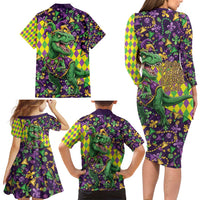 Funny Mardi Gras T-Rex Dinosaur Family Matching Long Sleeve Bodycon Dress and Hawaiian Shirt Let The Good Times Roll - Wonder Print Shop