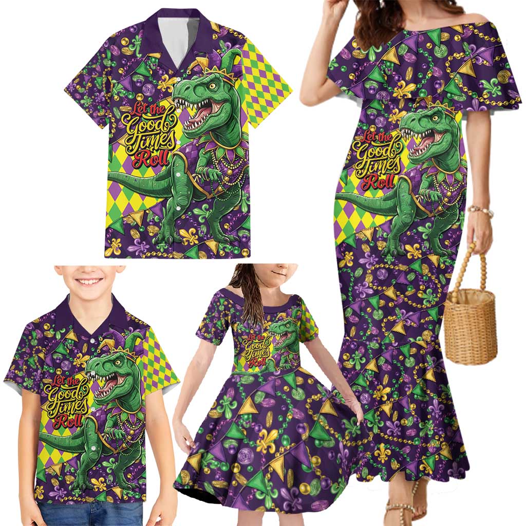 Funny Mardi Gras T-Rex Dinosaur Family Matching Mermaid Dress and Hawaiian Shirt Let The Good Times Roll - Wonder Print Shop