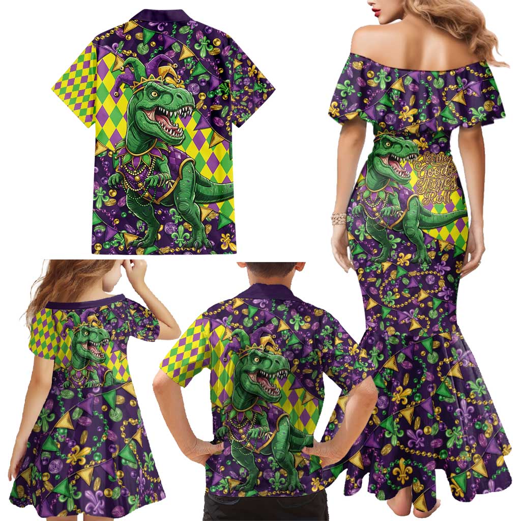 Funny Mardi Gras T-Rex Dinosaur Family Matching Mermaid Dress and Hawaiian Shirt Let The Good Times Roll - Wonder Print Shop