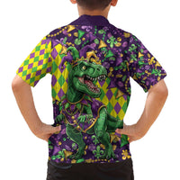 Funny Mardi Gras T-Rex Dinosaur Family Matching Off The Shoulder Long Sleeve Dress and Hawaiian Shirt Let The Good Times Roll - Wonder Print Shop