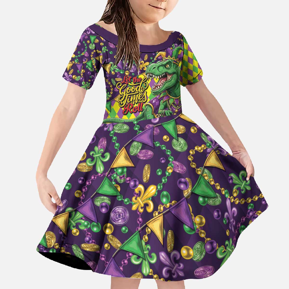 Funny Mardi Gras T-Rex Dinosaur Family Matching Off The Shoulder Long Sleeve Dress and Hawaiian Shirt Let The Good Times Roll - Wonder Print Shop