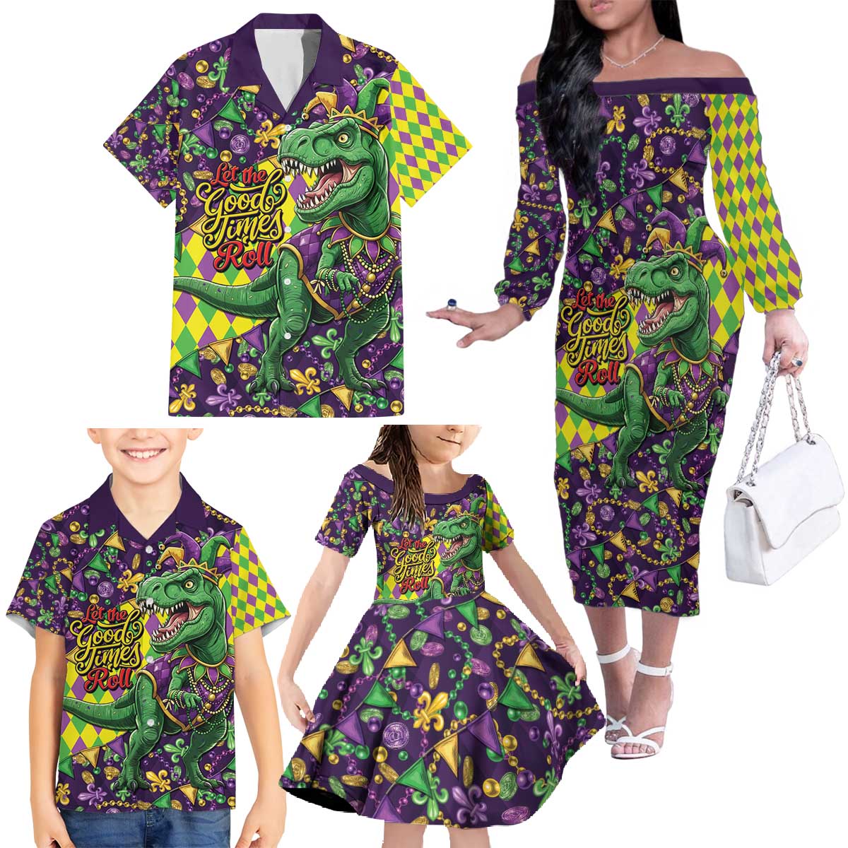 Funny Mardi Gras T-Rex Dinosaur Family Matching Off The Shoulder Long Sleeve Dress and Hawaiian Shirt Let The Good Times Roll - Wonder Print Shop