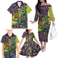 Funny Mardi Gras T-Rex Dinosaur Family Matching Off The Shoulder Long Sleeve Dress and Hawaiian Shirt Let The Good Times Roll - Wonder Print Shop