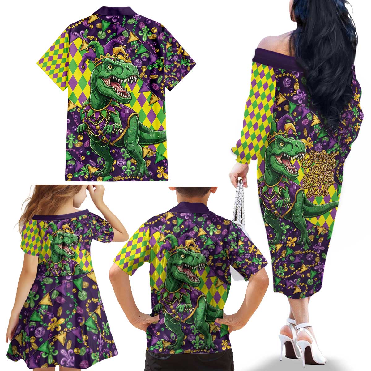 Funny Mardi Gras T-Rex Dinosaur Family Matching Off The Shoulder Long Sleeve Dress and Hawaiian Shirt Let The Good Times Roll - Wonder Print Shop