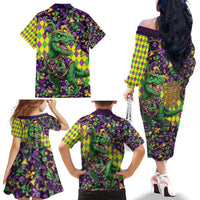 Funny Mardi Gras T-Rex Dinosaur Family Matching Off The Shoulder Long Sleeve Dress and Hawaiian Shirt Let The Good Times Roll - Wonder Print Shop