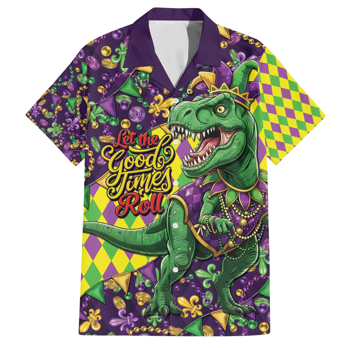 Funny Mardi Gras T-Rex Dinosaur Family Matching Off The Shoulder Long Sleeve Dress and Hawaiian Shirt Let The Good Times Roll - Wonder Print Shop