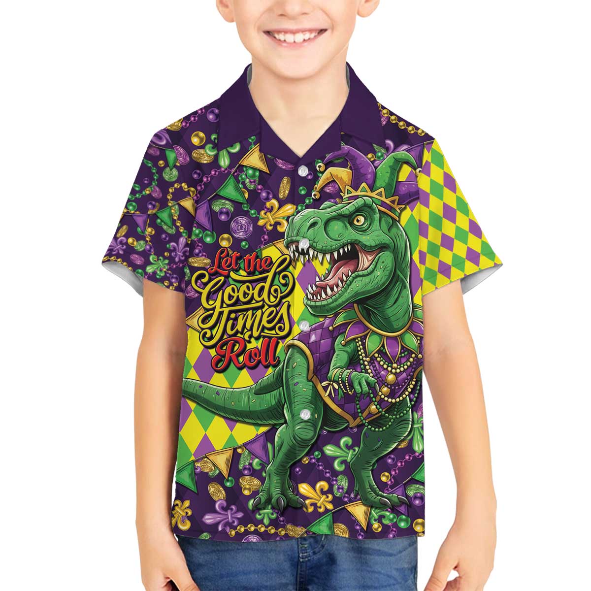 Funny Mardi Gras T-Rex Dinosaur Family Matching Off The Shoulder Long Sleeve Dress and Hawaiian Shirt Let The Good Times Roll - Wonder Print Shop