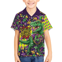 Funny Mardi Gras T-Rex Dinosaur Family Matching Off The Shoulder Long Sleeve Dress and Hawaiian Shirt Let The Good Times Roll - Wonder Print Shop